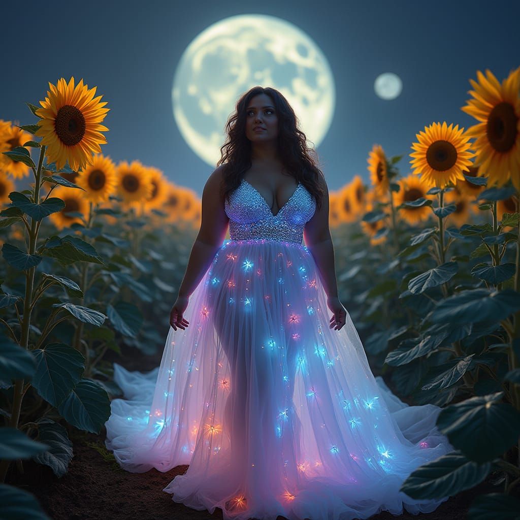 Confident Woman in Bioluminescent Alien Field