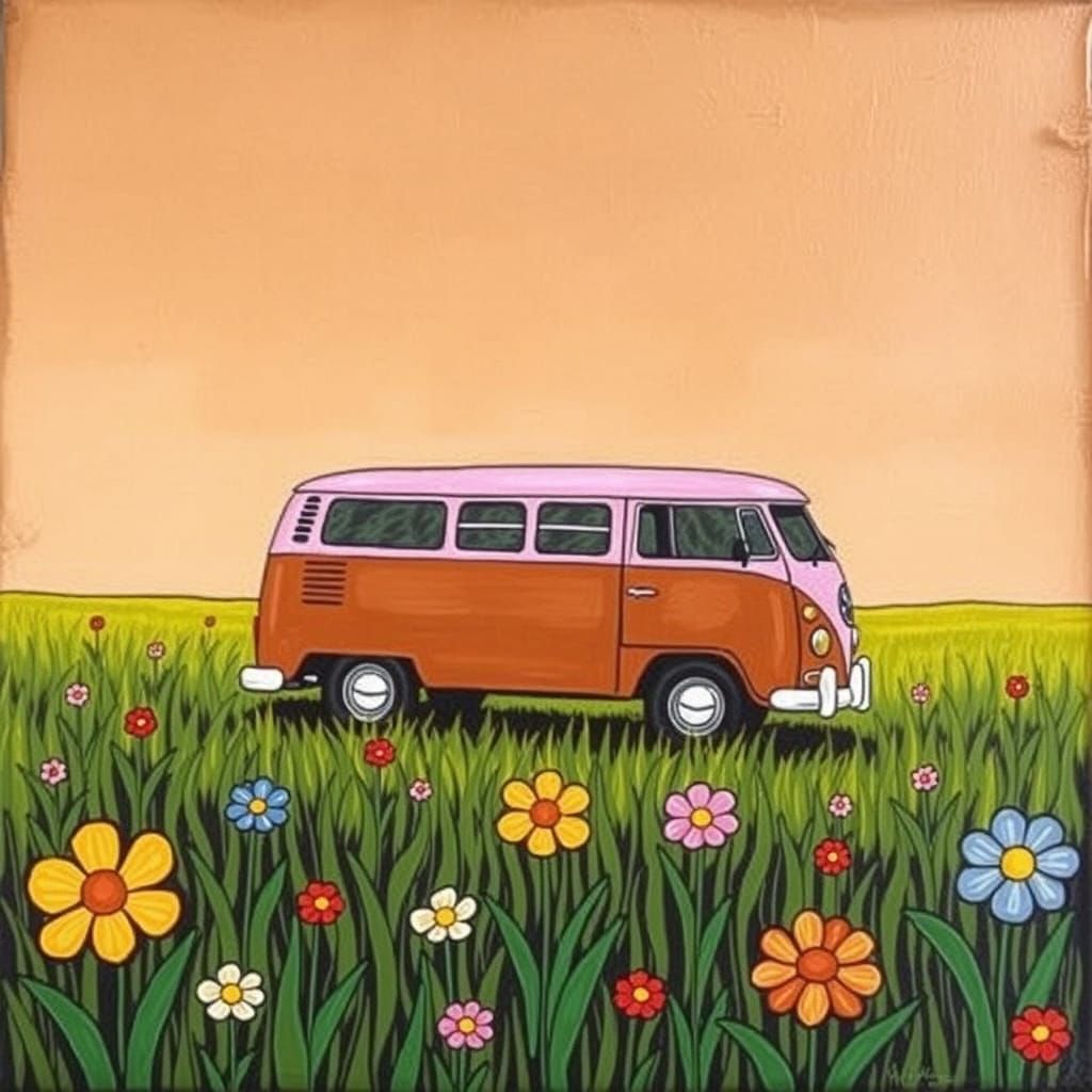 Retro Flower Power Landscape in Oil Painting Style