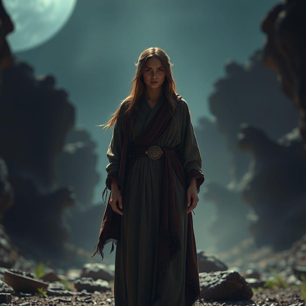 Ancient Woman in Ominous Landscape: Dramatic 3D Art