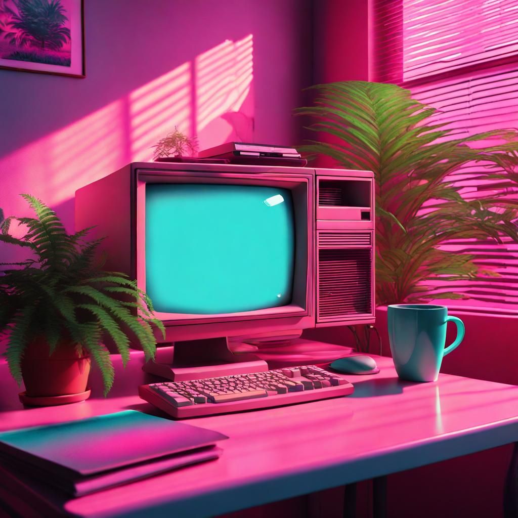 Vaporwave Office with 1980s Computer in 8K