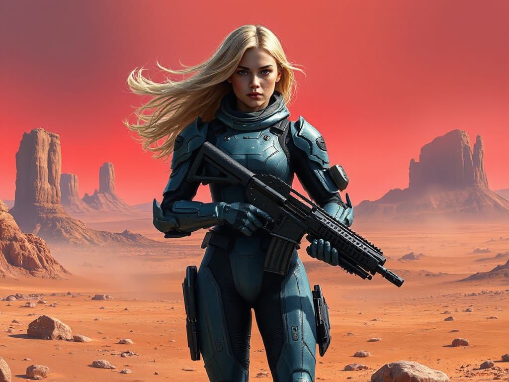 Epic Blue Power Armor Guardian on Barren Alien World