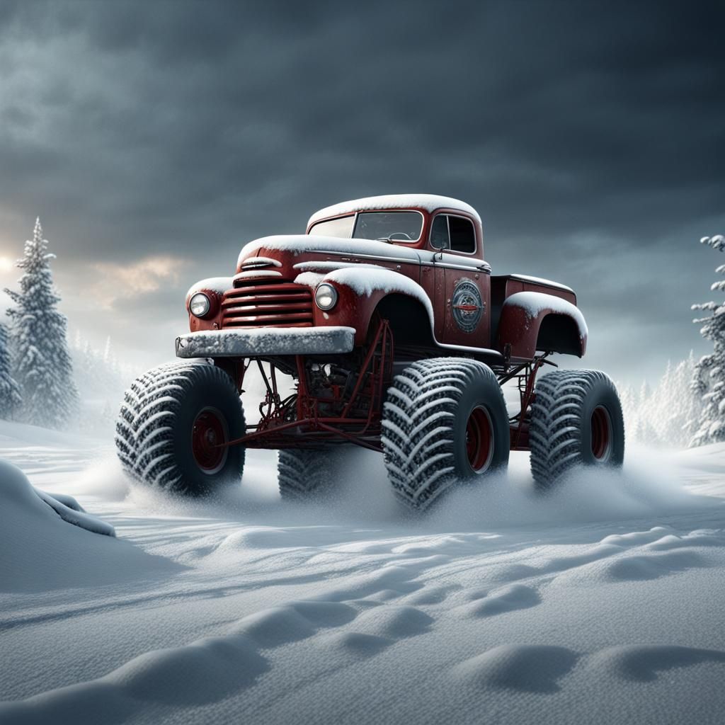 1950s Monster Truck Kicks Up Snow