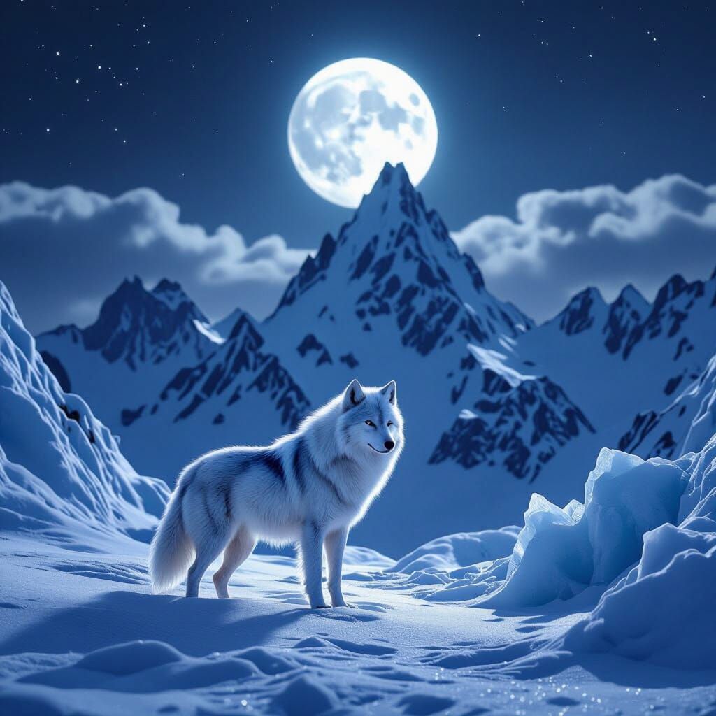 Ethereal Wolf Before Ice Mountains Under Full Moon