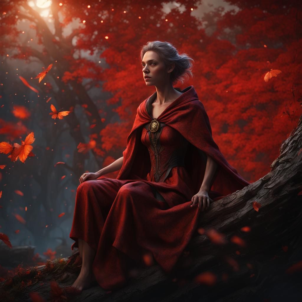 Ethereal Woman in Red Cloak, Fantasy Concept Art
