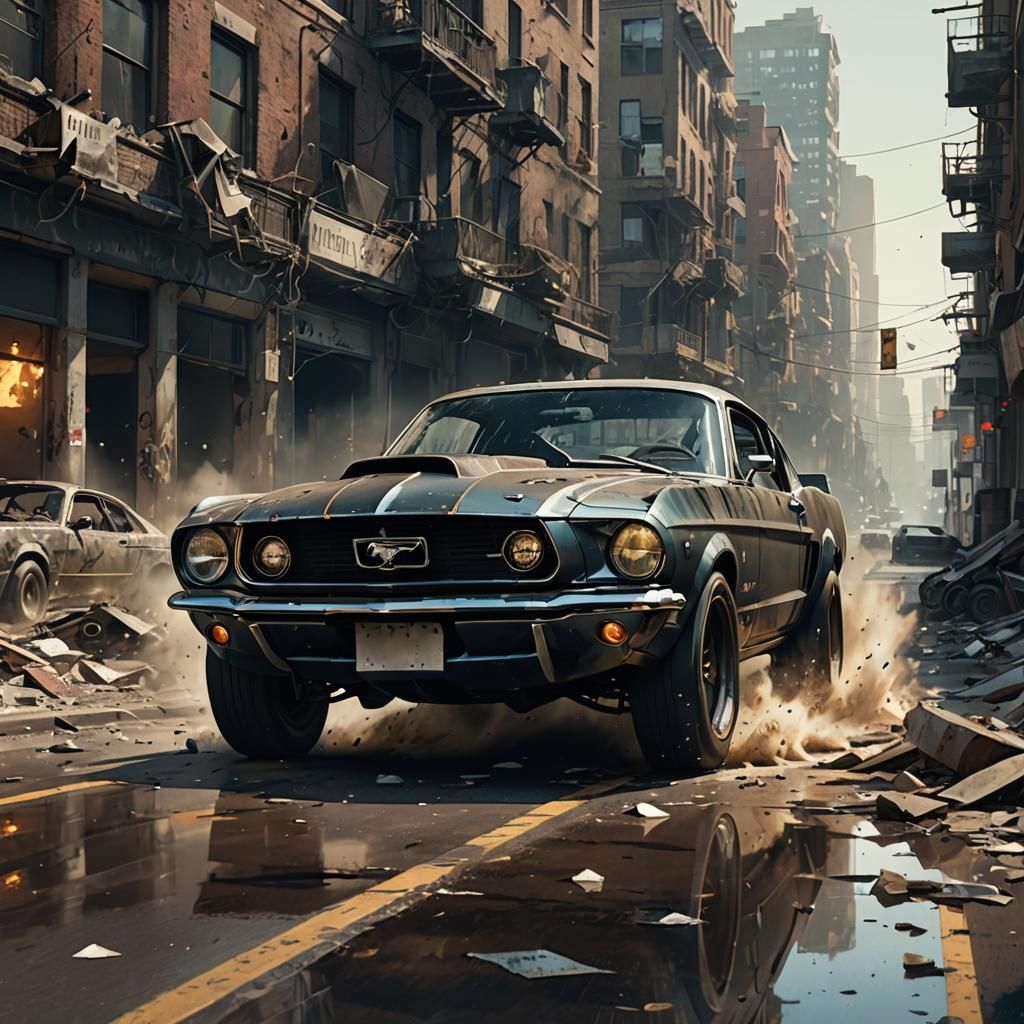 Apocalyptic Mustang Eleanor Drifting in Ruined City