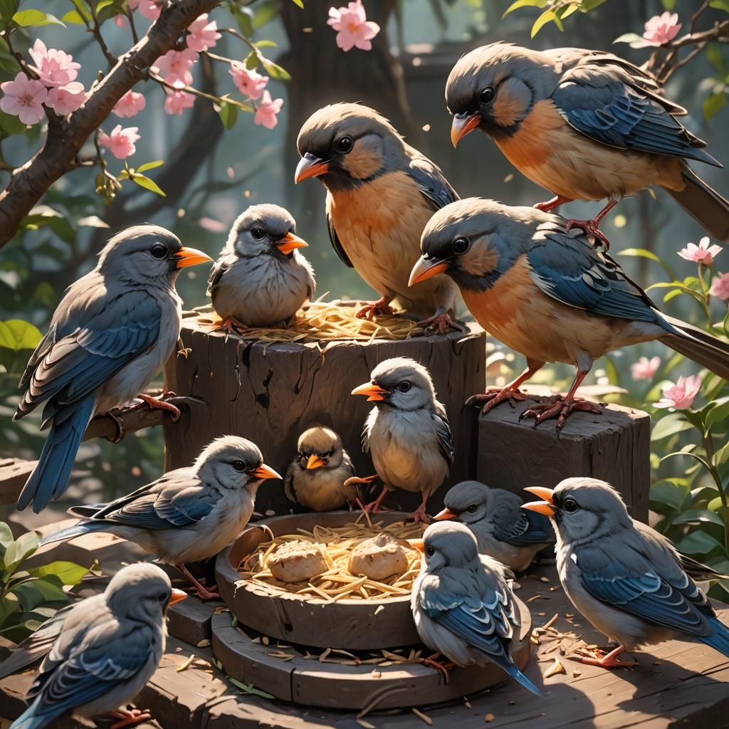 Anime Style: Mother Bird Feeding Young