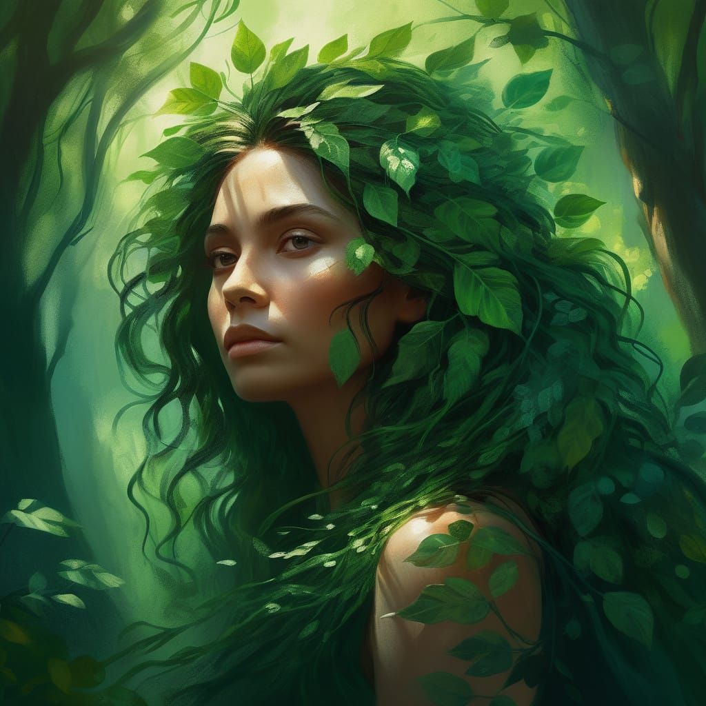 Ethereal Woman with Leaf Hair in Emerald Forest
