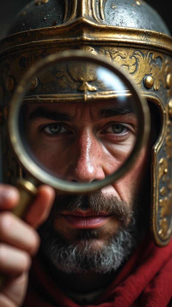 Classical Roman Warrior Inspects with Distrust