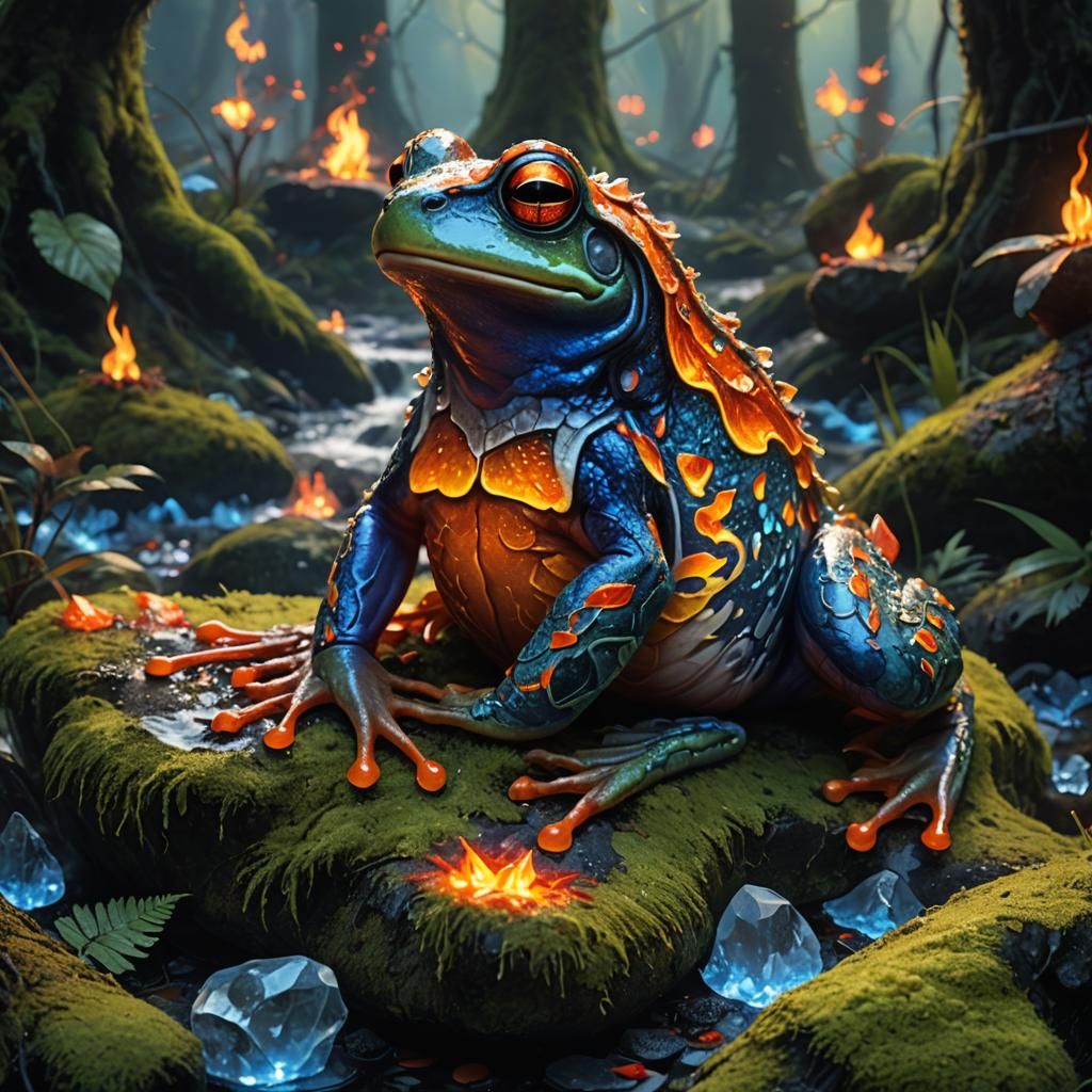 Mystical Fire and Ice Frog in Fantasy Forest