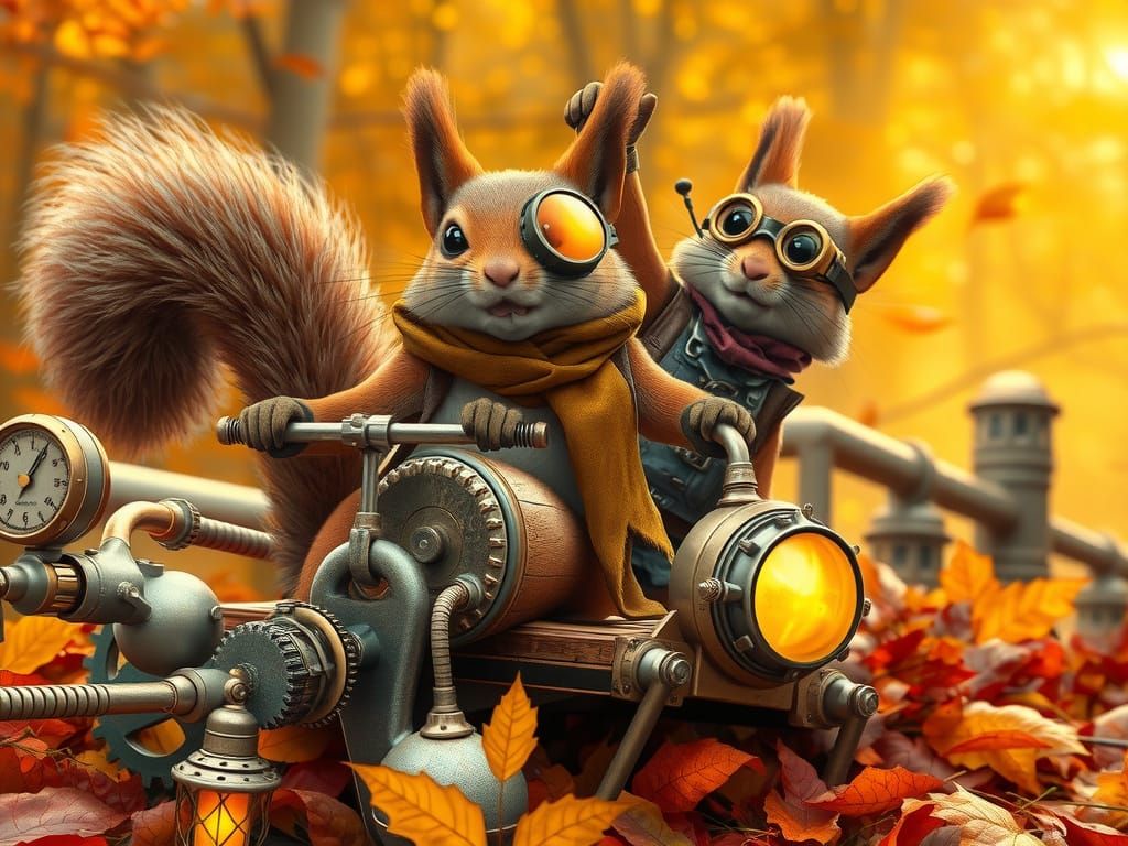 Steampunk Squirrels Slide Down Autumn Leaves