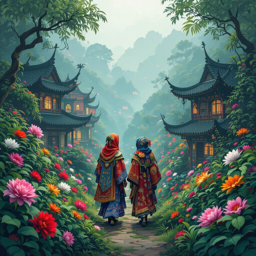 Ornate Folklore Figures in Dreamlike Jungle