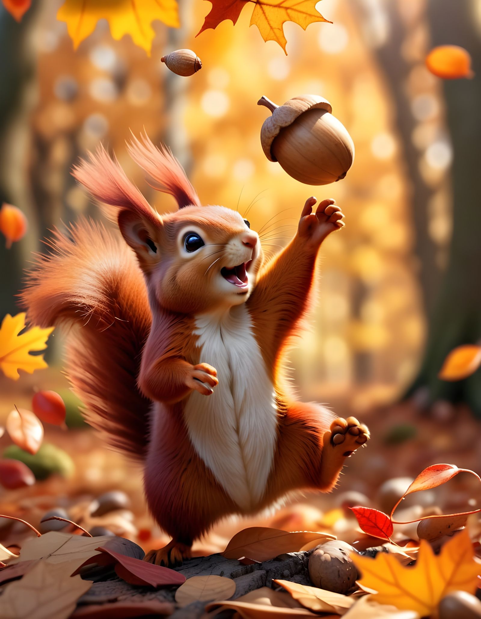 Happy Squirrel Plays with Acorn in Autumn Leaves