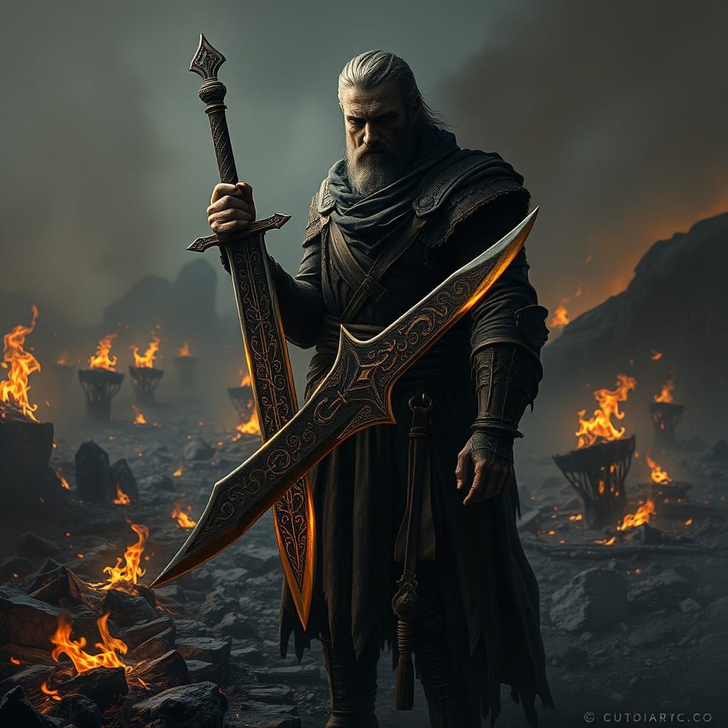 Warrior in Ashen Landscape, Holding Ancient Blade with Runic...