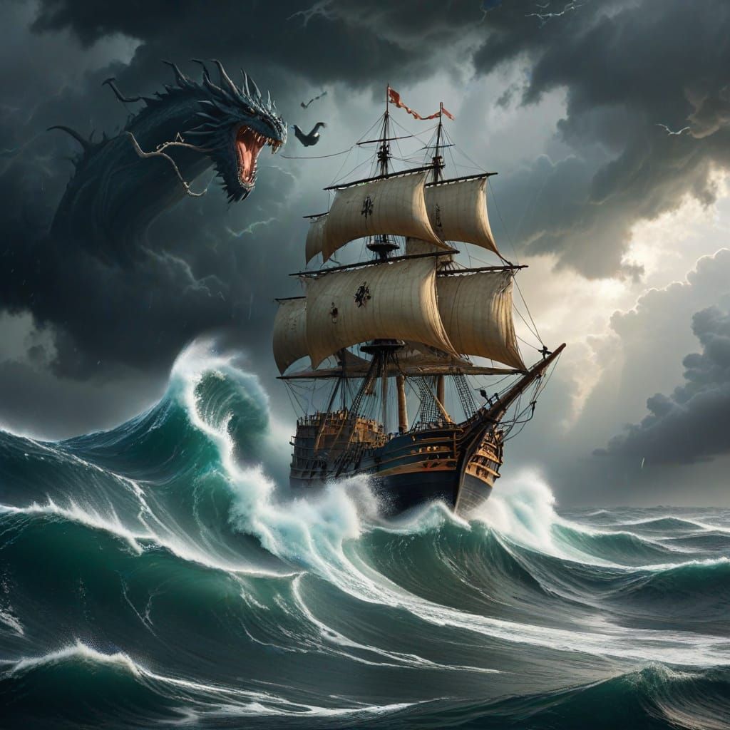 Ship Faces Dragons in a Terrible Storm