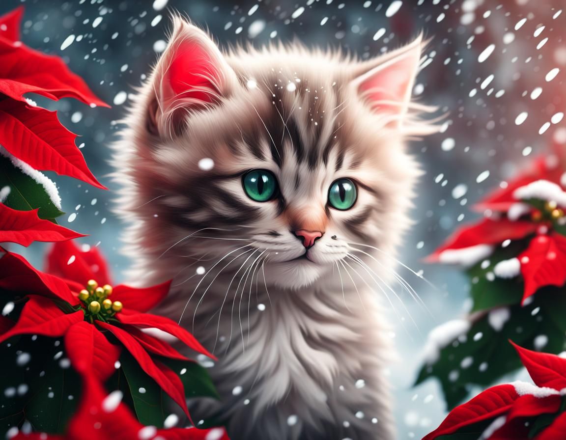 Christmas Kitten Portrait with Poinsettia in Winter Snow