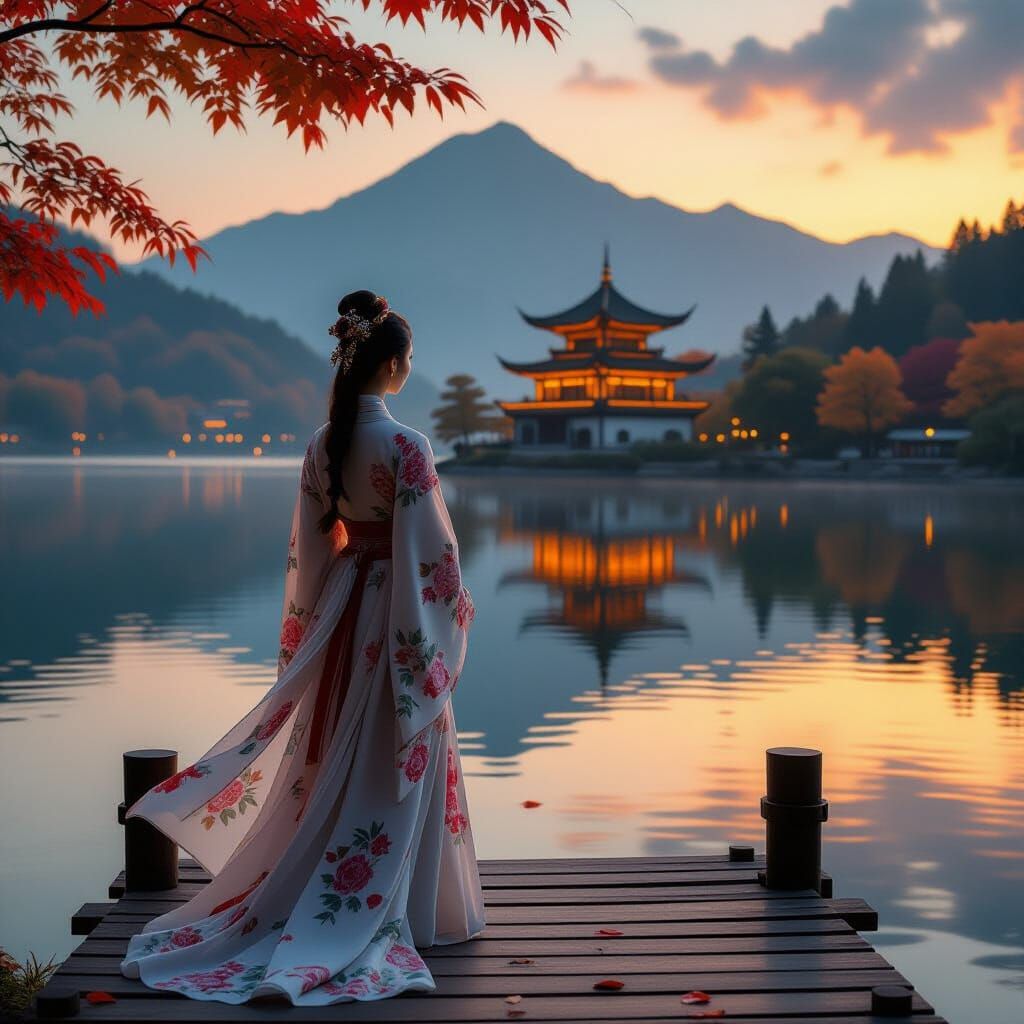 Woman on Jetty Gazes at Mountain Temple at Sunset