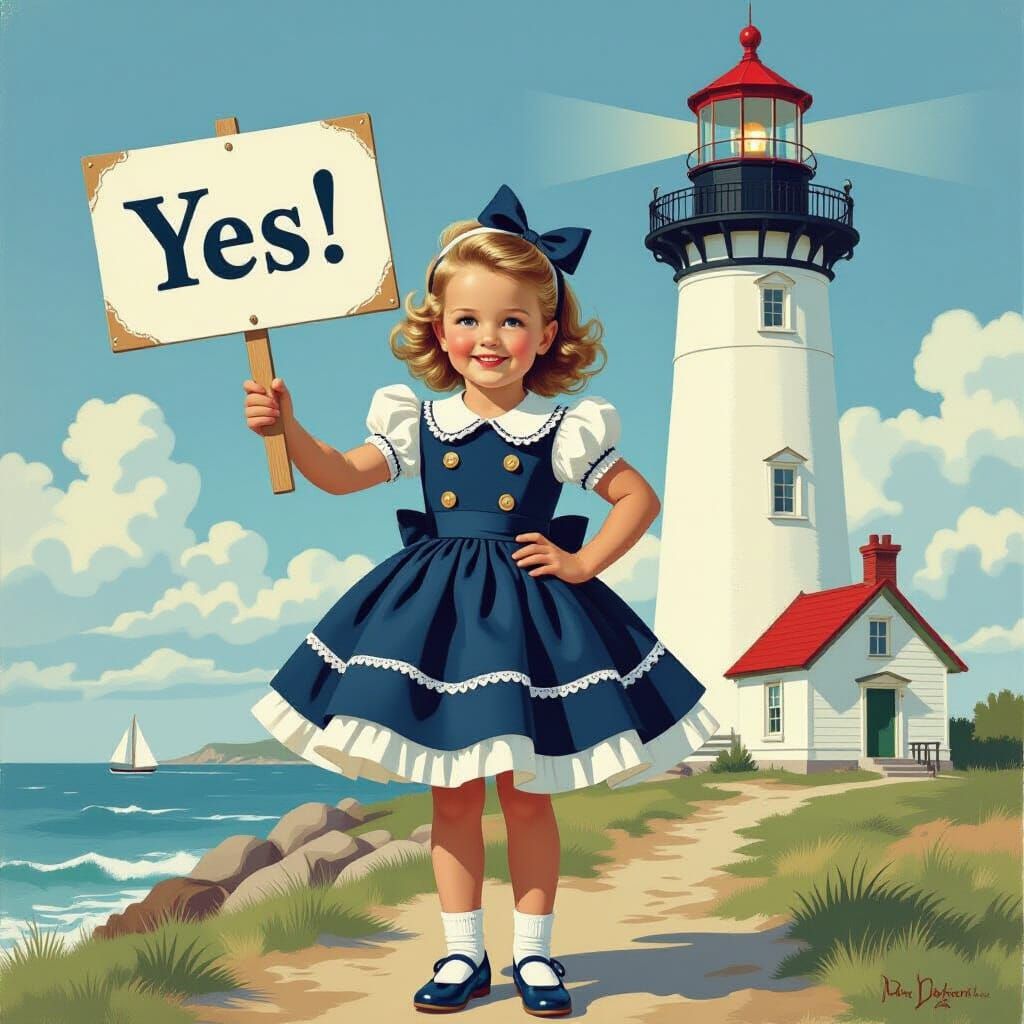 Girl in Nautical Dress with Lighthouse, Digital Art