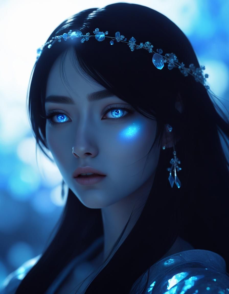 Yuki-onna beautiful young lady with black hair and crystal blue eyes and blue skin& realistic vibes& winter vibes& icy v...