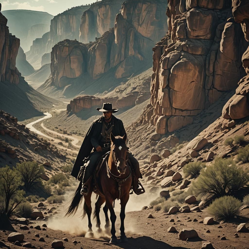 Dramatic Western Outlaw in Cinematic Film Still