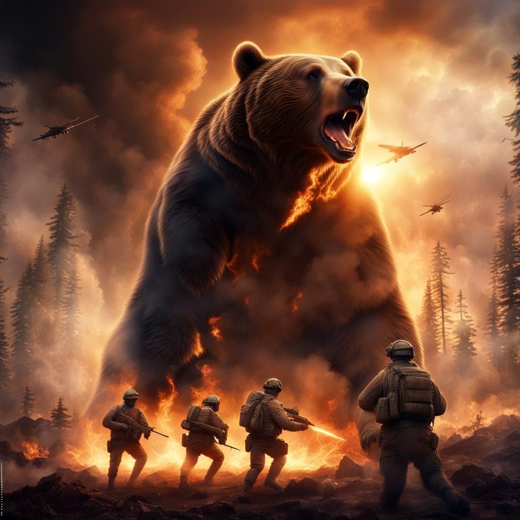 Giant Bear Attack on Soldiers at Sunset