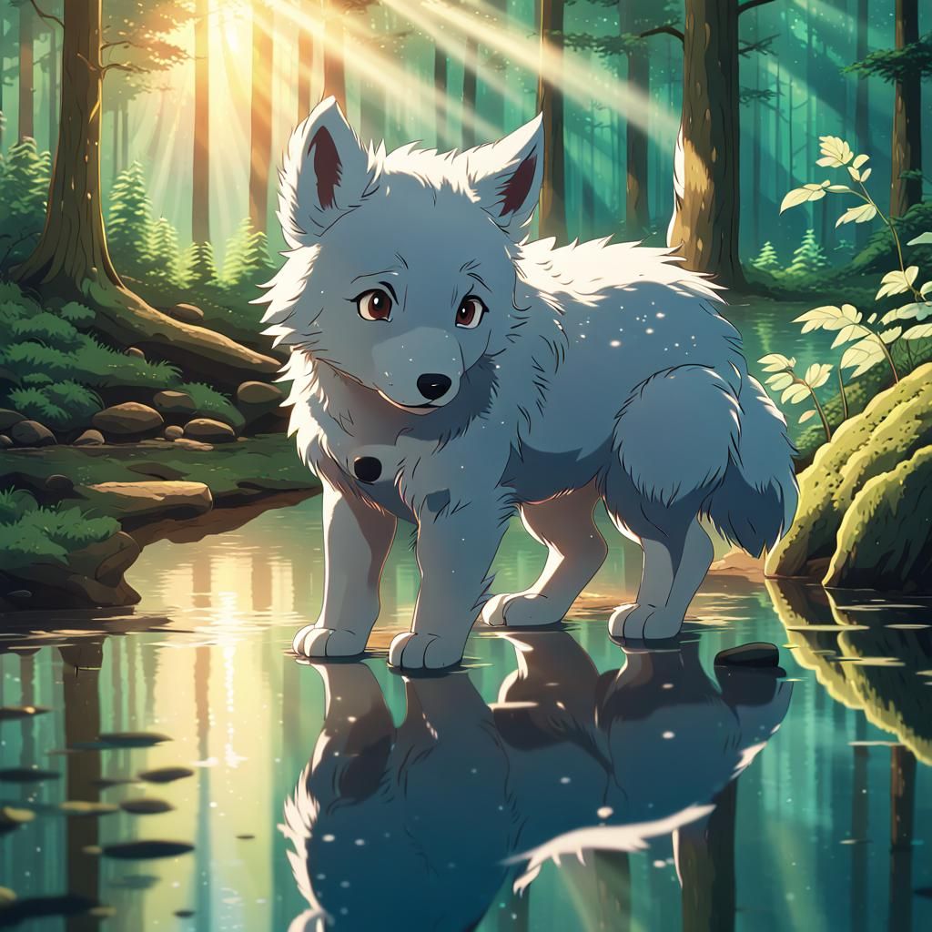 Anime Forest Reflection: Adorable Wolf Cub