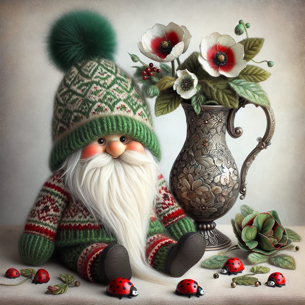 Cozy Gnome with Ladybugs and Poppies