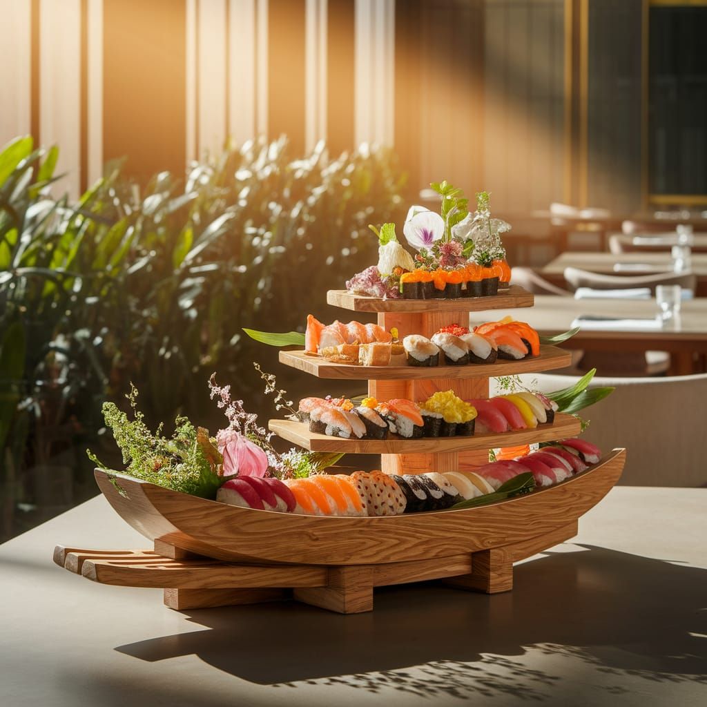 Exquisite Sushi Boat in Golden Sunlight