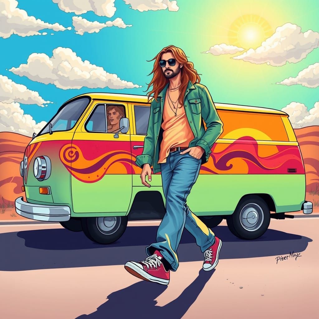Psychedelic Hippie Van Illustration in Peter Max Style