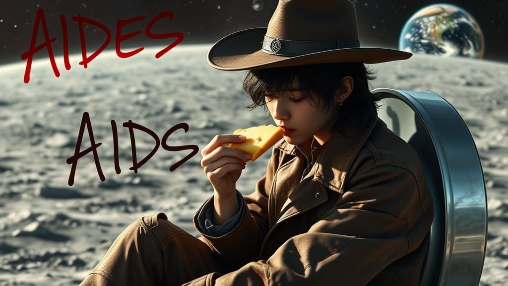 Aiden a teenage Vietnamese cowboy on the moon eating a piece of cheese while on the toilet, in the corner of the picture...
