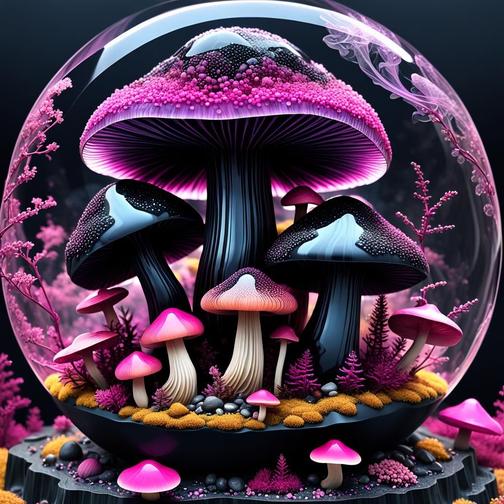Magenta Quartz Dusted Obsidian Mushrooms