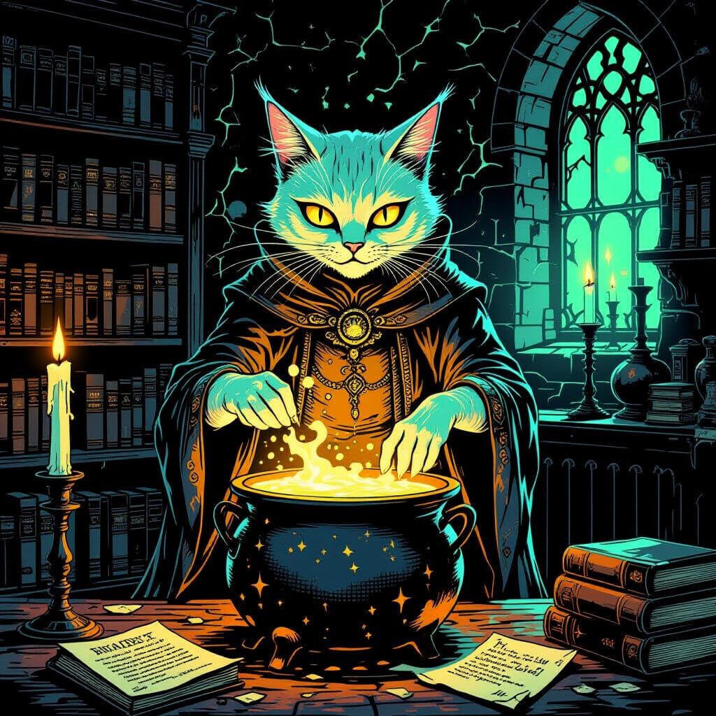 Cat Alchemist in a Candlelit Laboratory: Golden Age Illustra...
