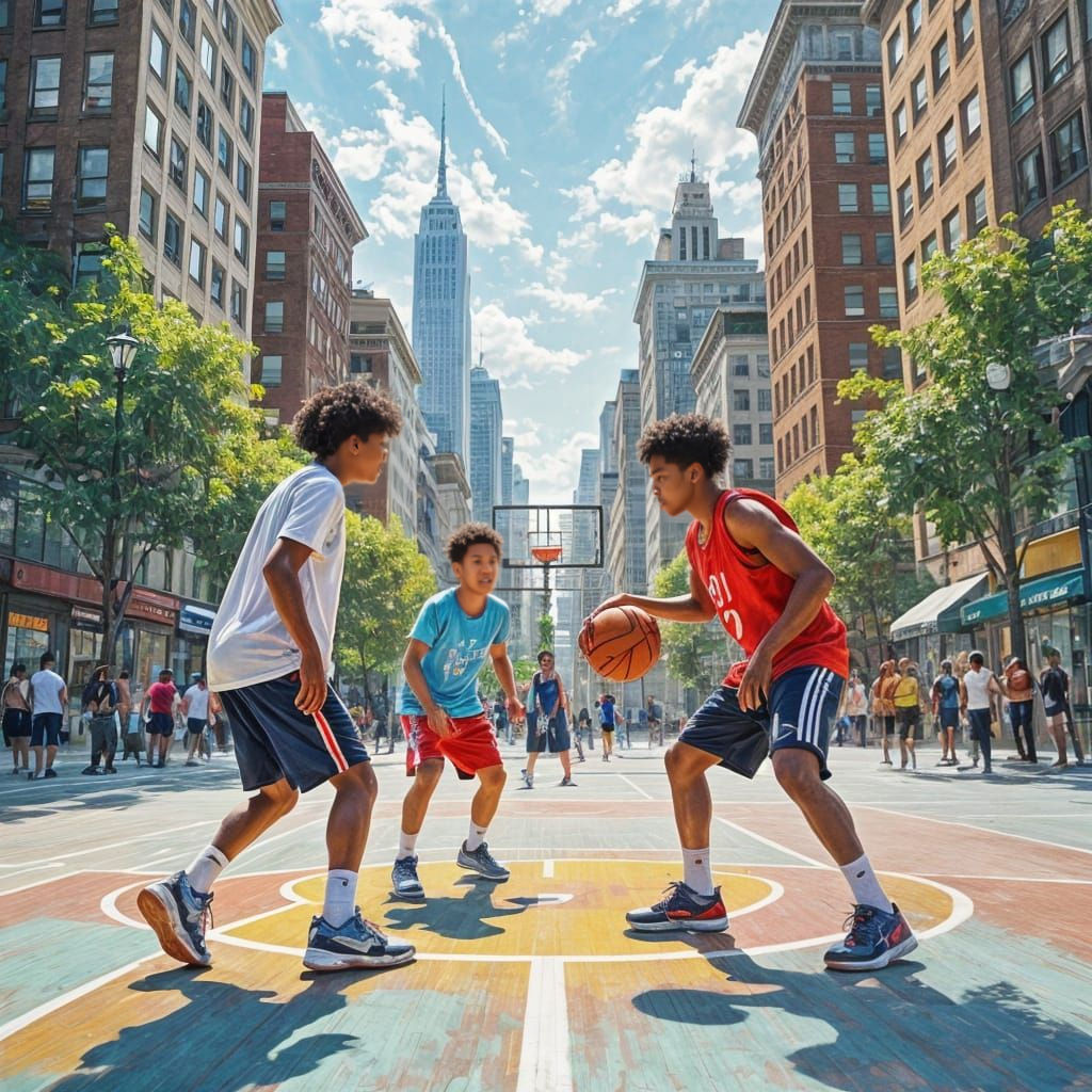 Outdoor City Basketball Game in Progress