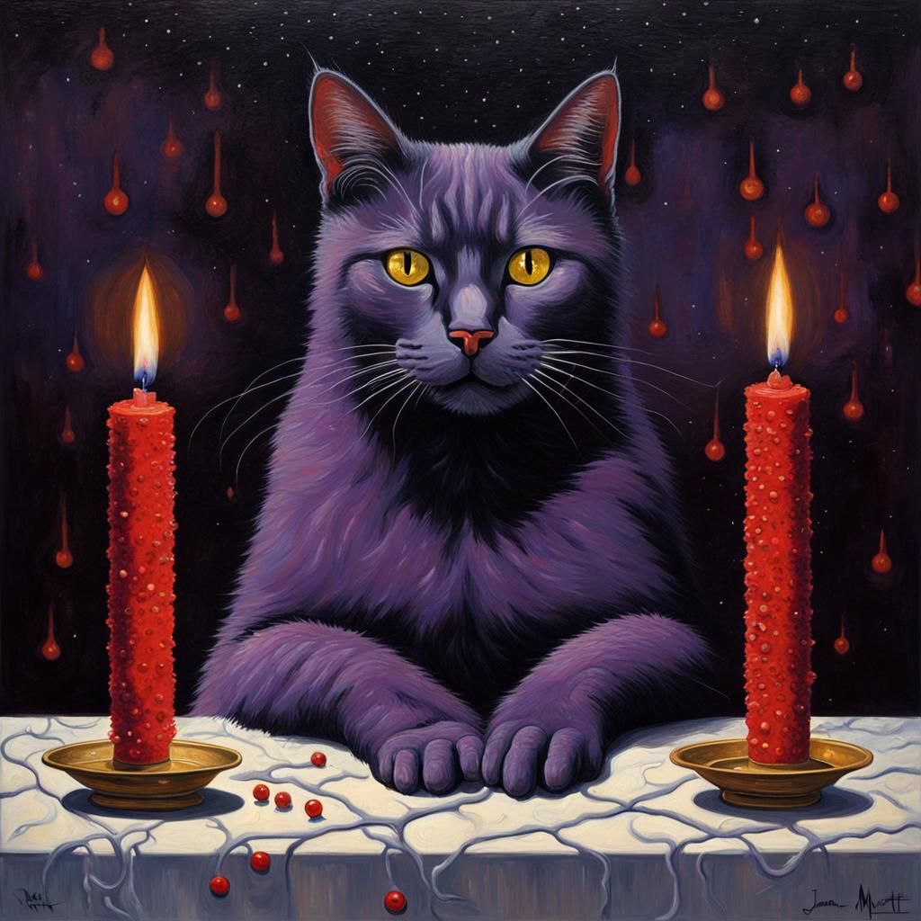 Surreal Cat with Sparklers, Magritte Style Painting