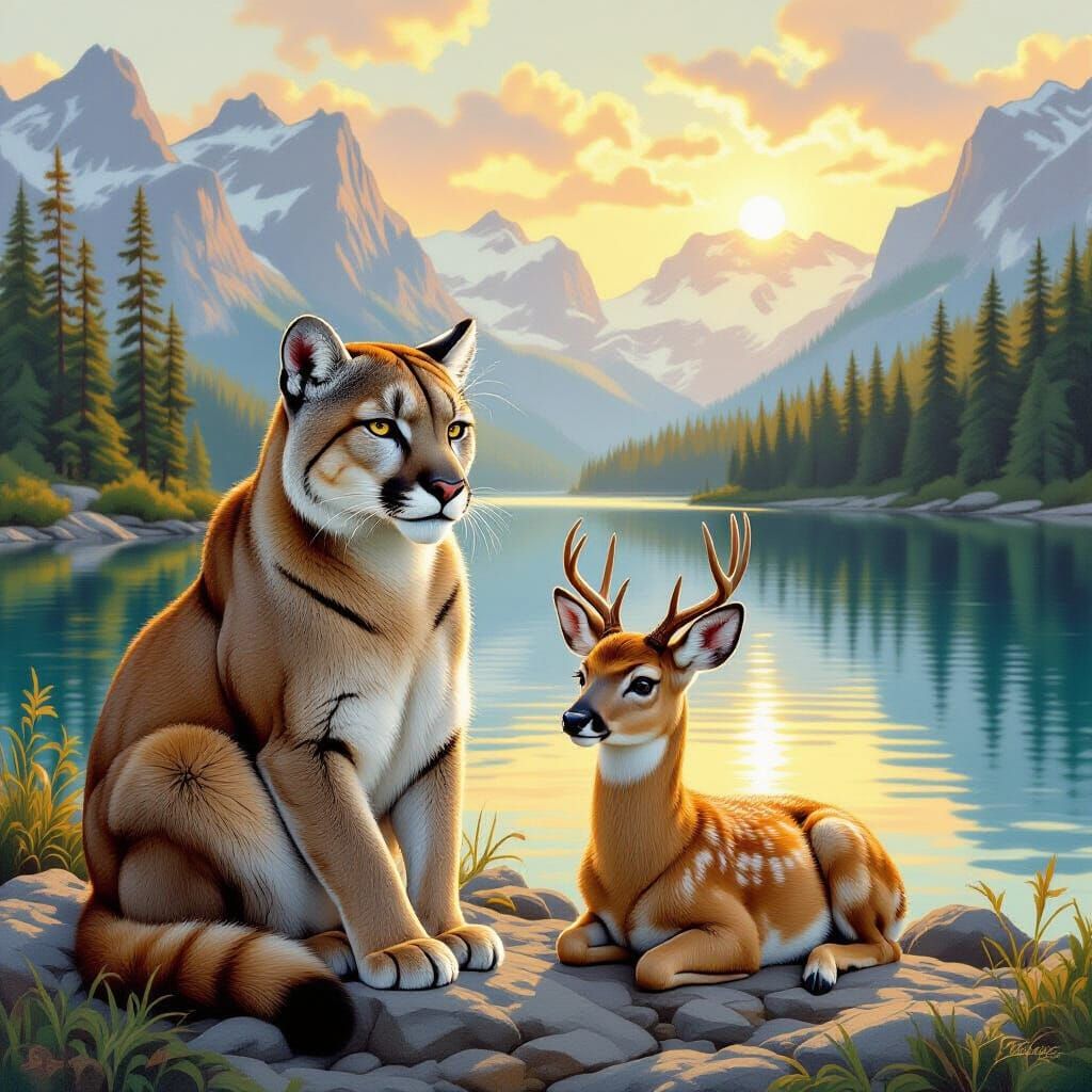 Cougar and Deer Friends by Alpine Lake