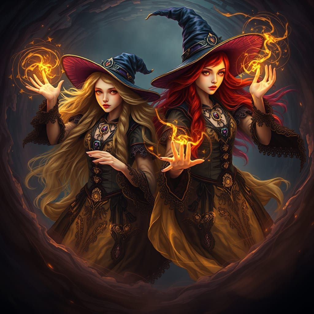 Ethereal Twin Witches Casting Spells: Dark Fantasy Art