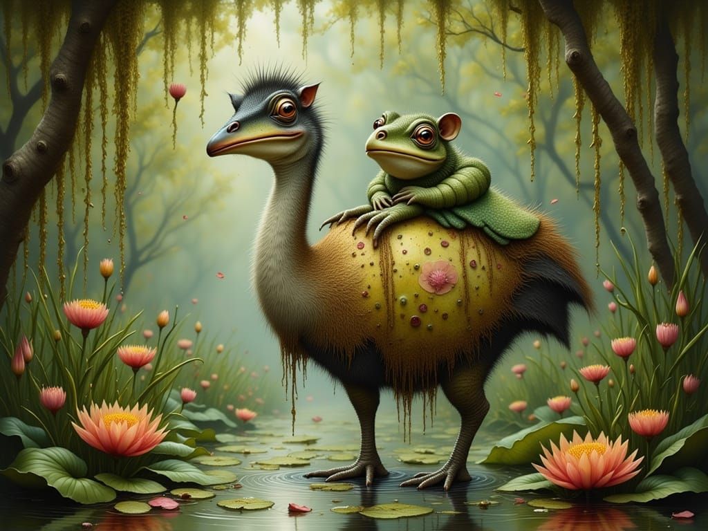 Whimsical Frog-Cat-Ostrich Chimera in Swamp