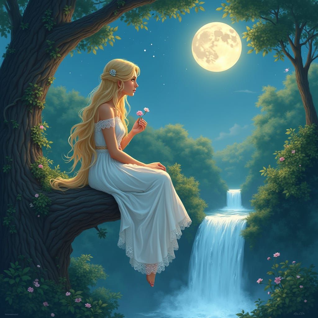 Ethereal Woman by Waterfall under Starry Sky