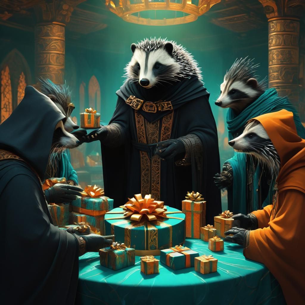 Porcupine Disciples Exchange Gifts in Fantasy Art Style