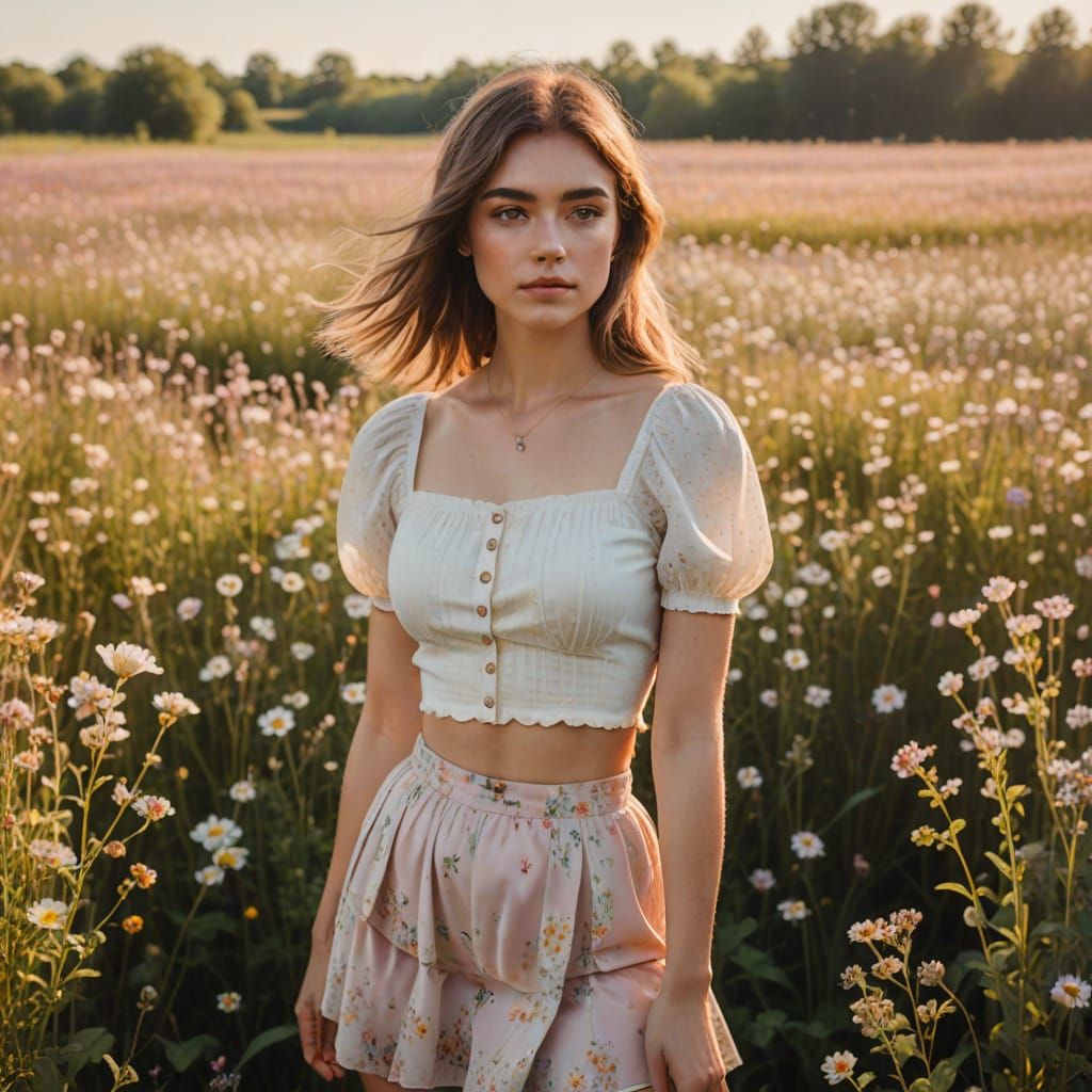 Girl in Wildflower Field: Dreamy Impressionism, Soft Focus