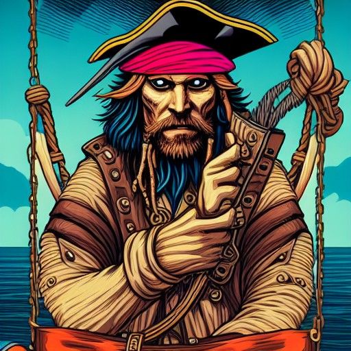 Pirate Captain and Parrot at the Helm