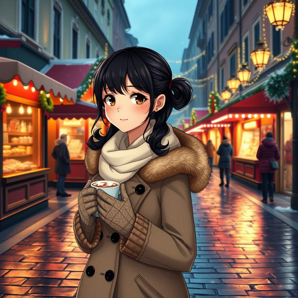 Italian Girl at Christmas Market in Anime Style