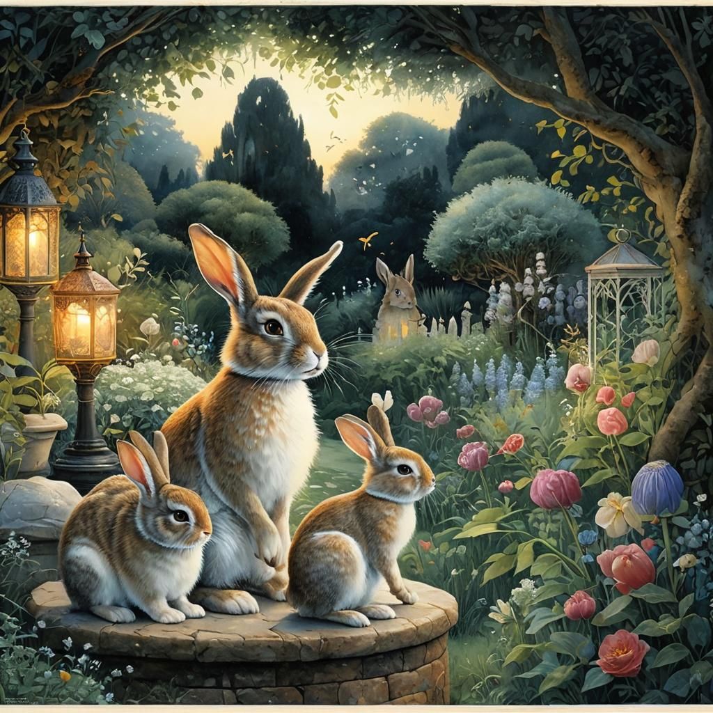 Rabbit Family in Enchanted Garden, Watercolor Style