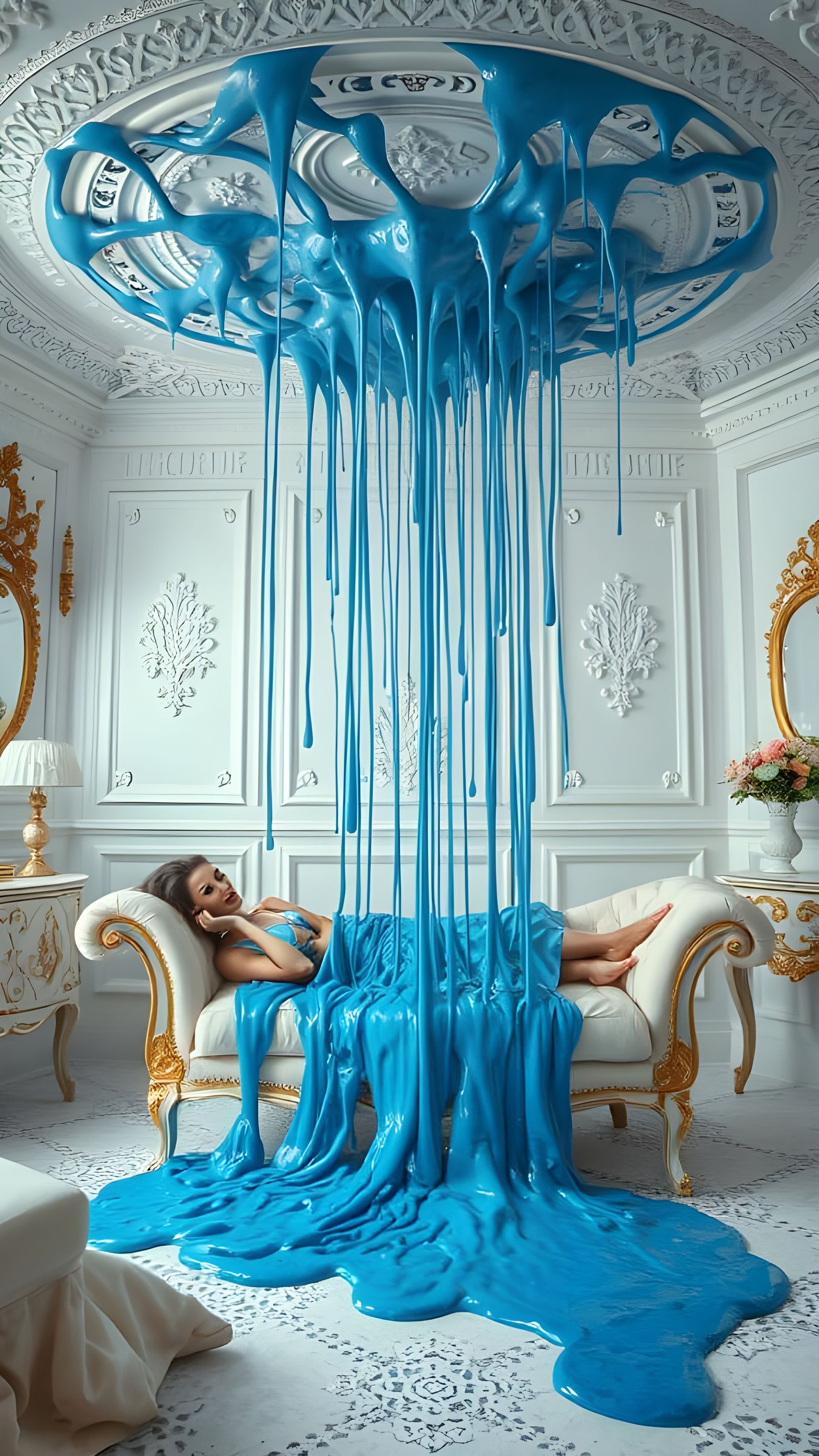 Dripping Blue Ceiling in a Pristine White Room