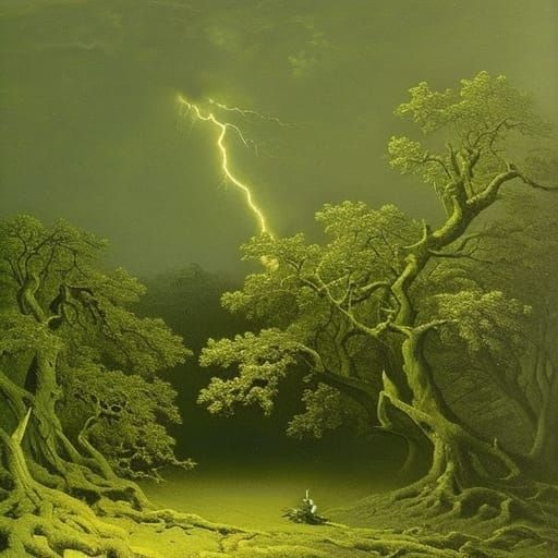 Lightning Strikes Through Trees in Dark Fantasy Style