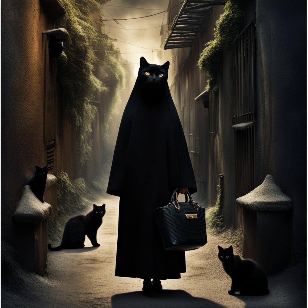 Black Cat Babushka Doll in Surreal Chiaroscuro