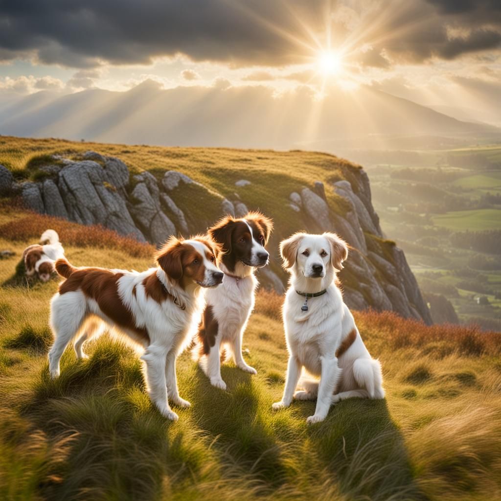 Brittany Dogs on Moor Cliffs in Divine Light