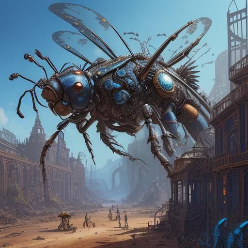 Giant steampunk bluebottle fly on futuristic alien planet.