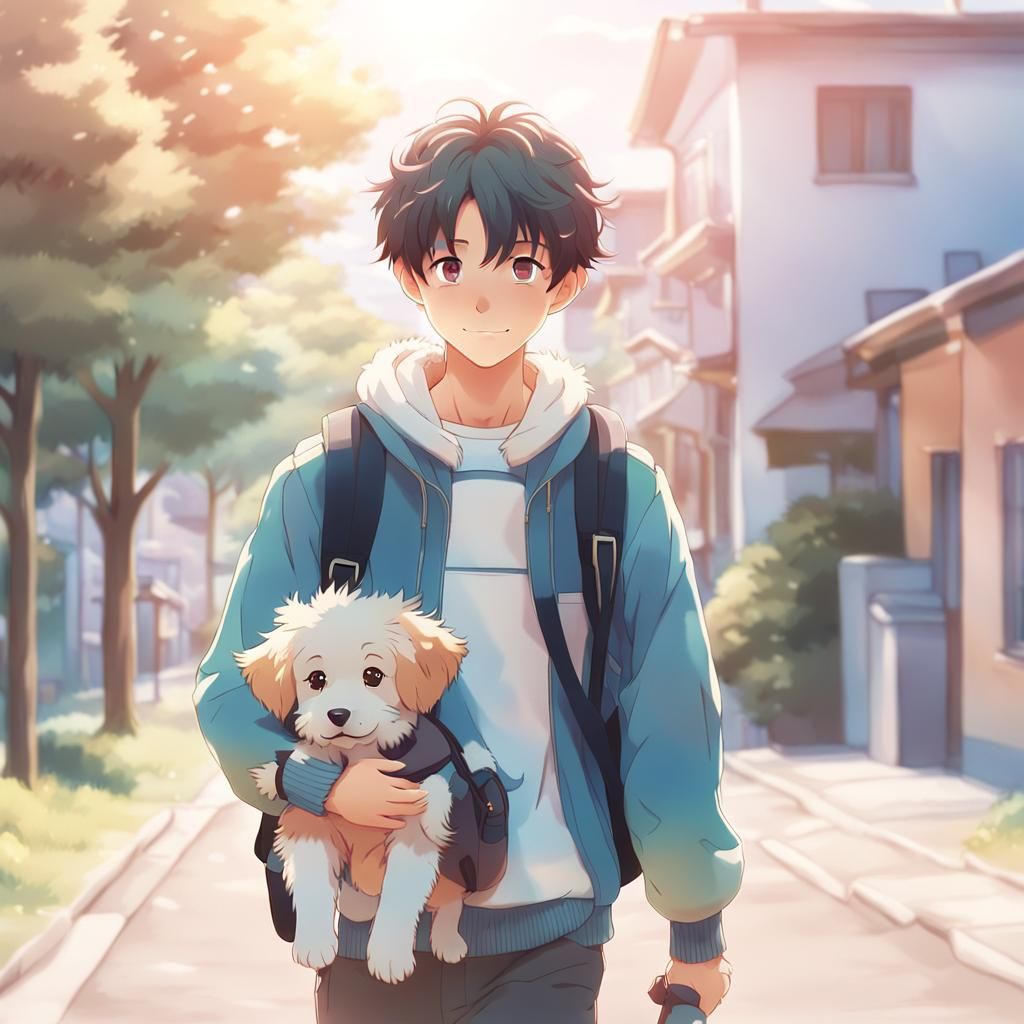 Anime Boy and Puppy Walk Home From School