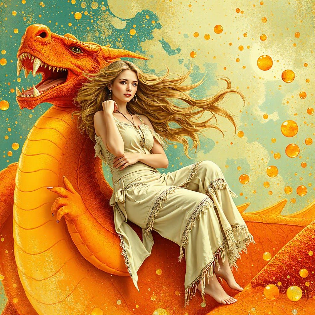 Woman on Gummy Dragon in Effervescent Soda Sea