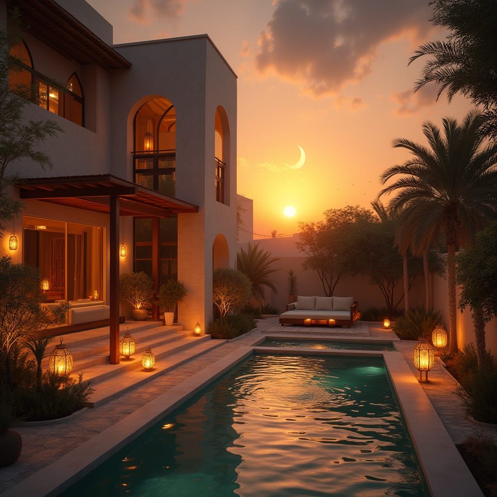 Luxury Villa at Sunset with Eid Al-Adha Decor